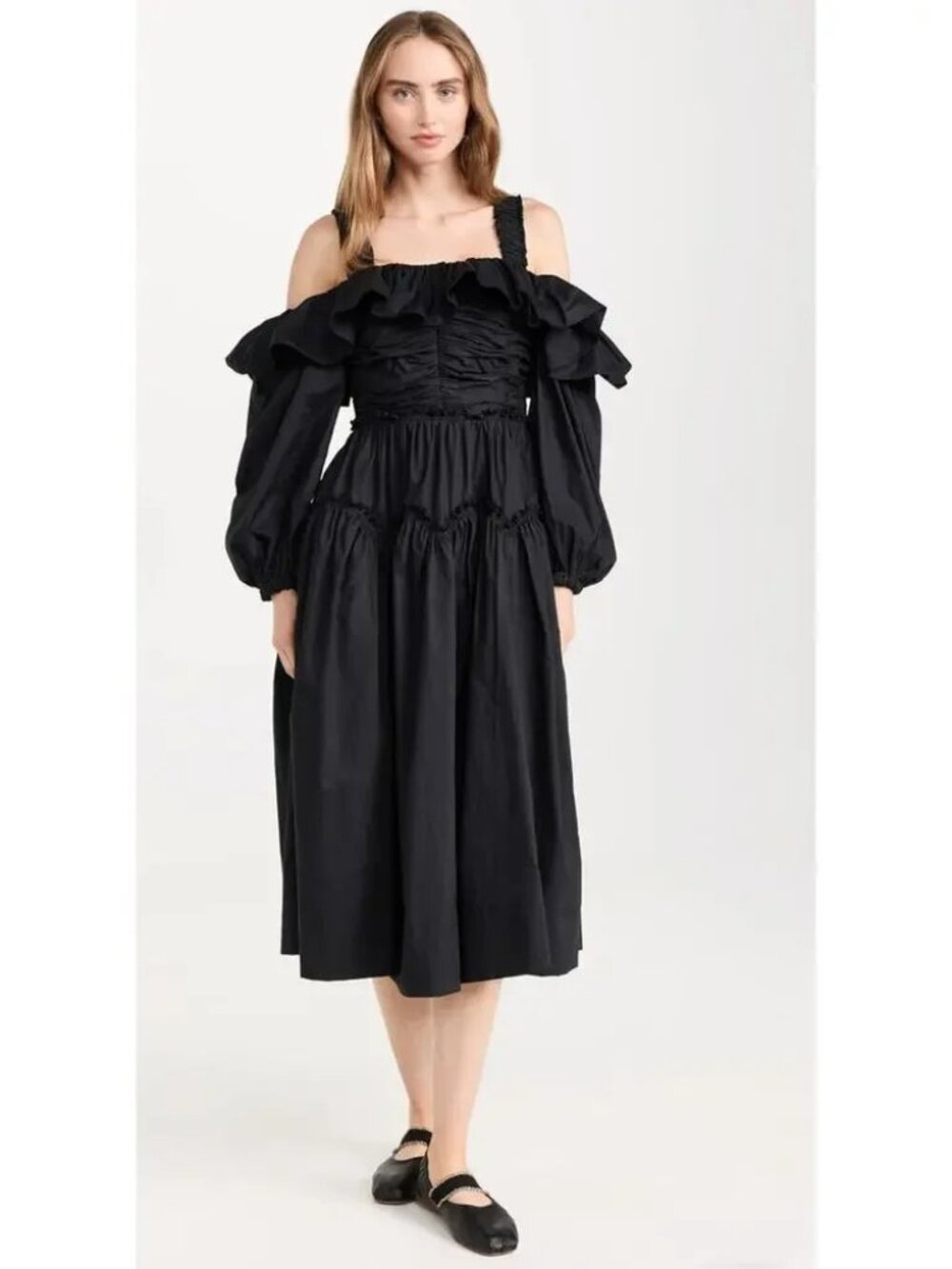 Ulla Johnson Black Caprice Dress Balloon sleeve Off Shoulder Ruffle Midi Maxi 4 - Picture 9 of 15